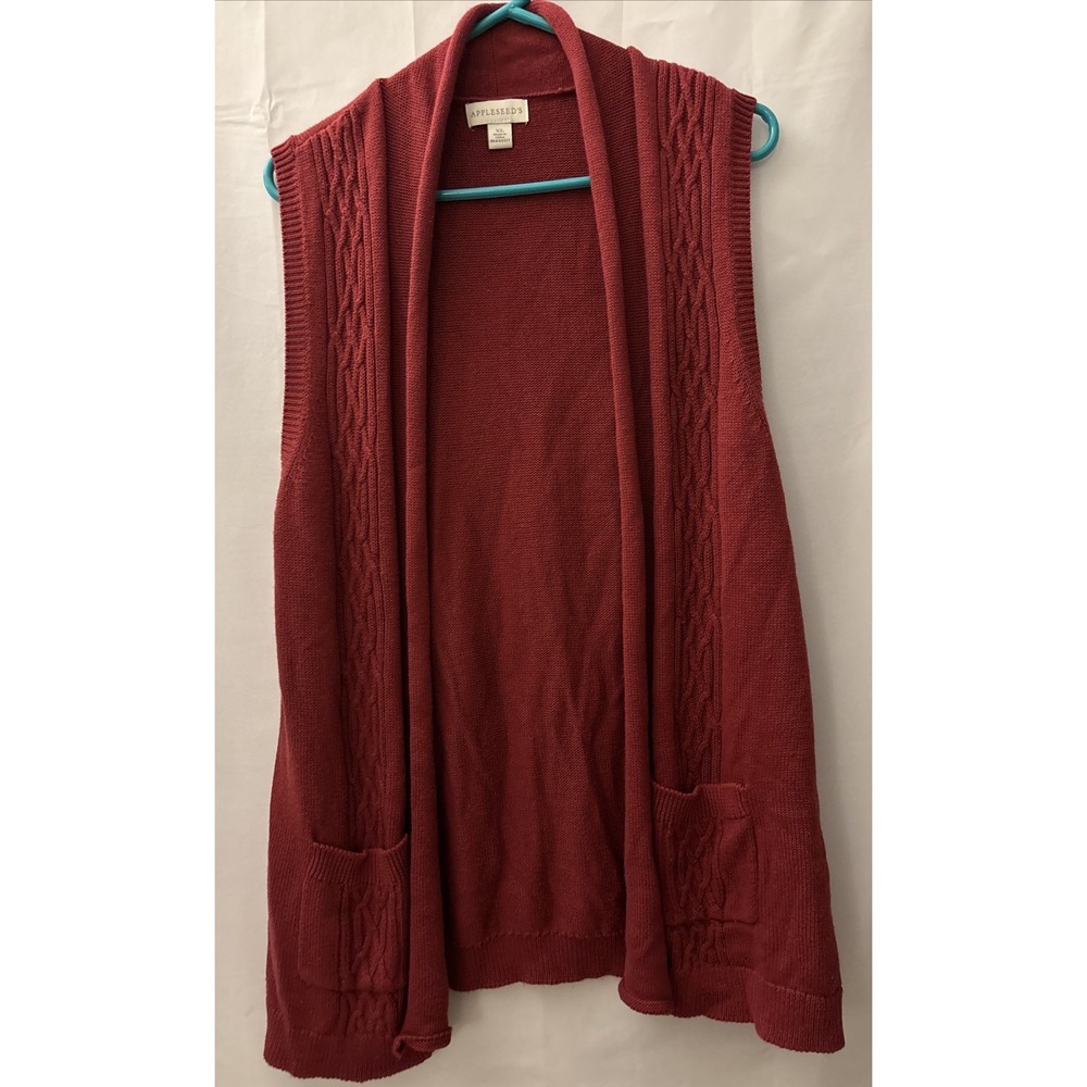 VTG Y2K Appleseeds Red Sweater Vest Open Front Womens L Roll Neck Pocket Stretch